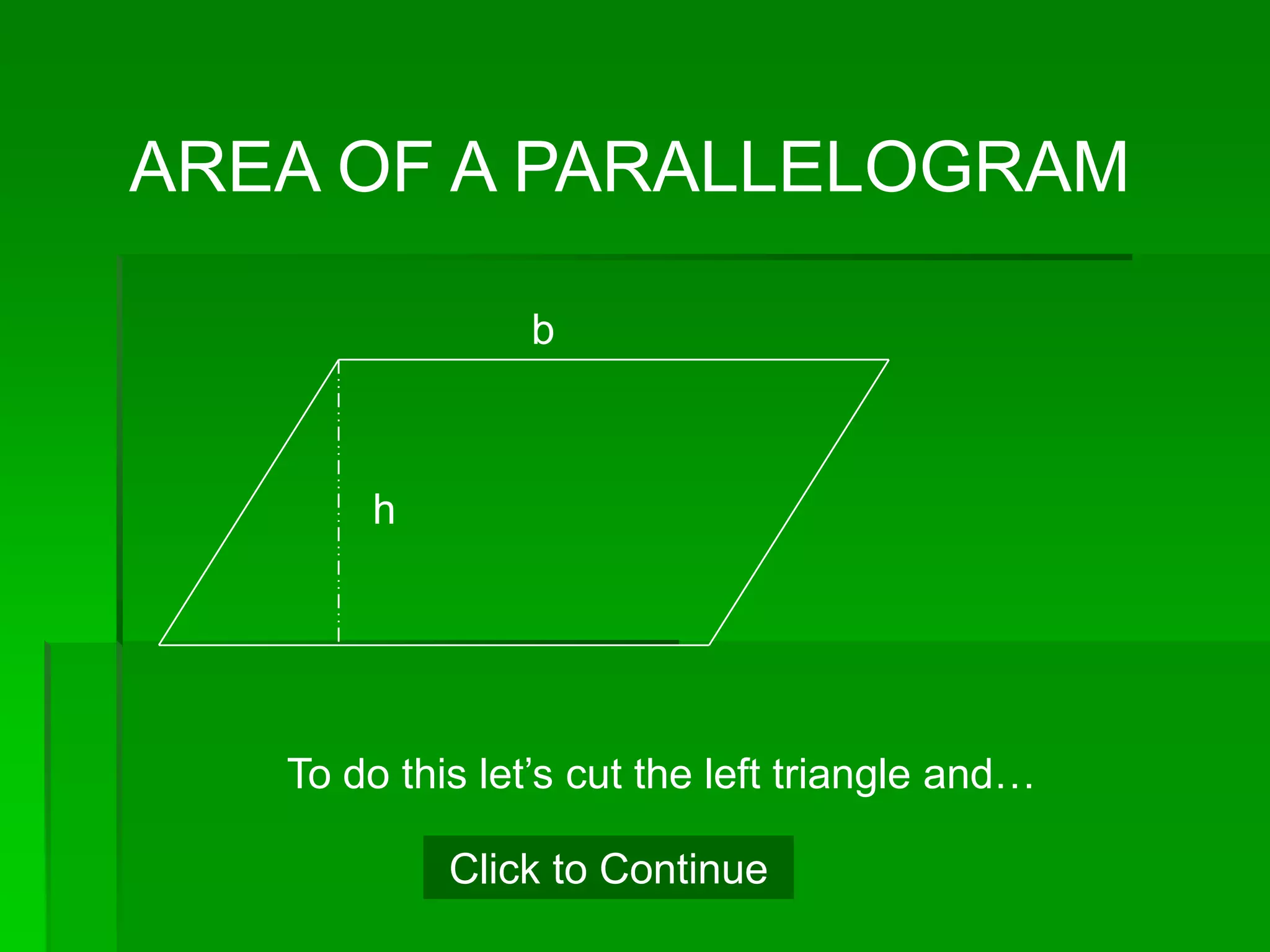AREA OF A PARALLELOGRAM

                 b



       h




   To do this let’s cut the left triangle and…

            Click to Continue
 