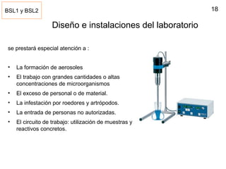 18
Diseño e instalaciones del laboratorio
se prestará especial atención a :
• La formación de aerosoles
• El trabajo con grandes cantidades o altas
concentraciones de microorganismos
• El exceso de personal o de material.
• La infestación por roedores y artrópodos.
• La entrada de personas no autorizadas.
• El circuito de trabajo: utilización de muestras y
reactivos concretos.
BSL1 y BSL2
 