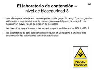 32
El laboratorio de contención –
nivel de bioseguridad 3
• concebido para trabajar con microorganismos del grupo de riesgo 3, o con grandes
volúmenes o concentraciones de microorganismos del grupo de riesgo 2, por
entrañar un mayor riesgo de difusión de aerosoles
• las directrices son adiciones a las requeridas para los laboratorios BSL1 y BSL2
• los laboratorios de esta categoría deben figurar en un registro o una lista que
establecerán las autoridades sanitarias nacionales
 