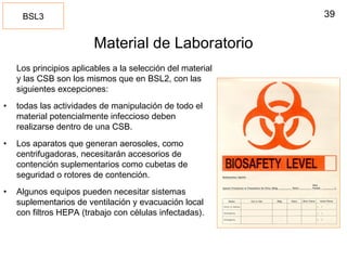 39
Material de Laboratorio
Los principios aplicables a la selección del material
y las CSB son los mismos que en BSL2, con las
siguientes excepciones:
• todas las actividades de manipulación de todo el
material potencialmente infeccioso deben
realizarse dentro de una CSB.
• Los aparatos que generan aerosoles, como
centrifugadoras, necesitarán accesorios de
contención suplementarios como cubetas de
seguridad o rotores de contención.
• Algunos equipos pueden necesitar sistemas
suplementarios de ventilación y evacuación local
con filtros HEPA (trabajo con células infectadas).
BSL3
 