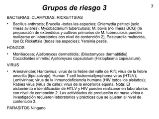 7
Grupos de riesgo 3
BACTERIAS, CLAMYDIAS, RICKETTSIAS
• Bacillus anthracis; Brucella -todas las especies; Chlamydia psittaci (solo
líneas aviares); Mycobacterium tuberculosis; M. bovis (no líneas BCG) (la
preparación de extendidos y cultivos primarios de M. tuberculosis pueden
realizarse en laboratorios con nivel de contención 2), Pasteurella multocida,
tipo B; Rickettsia (todas las especies); Yersinia pestis.
HONGOS
• Moniliaceae; Ajellomyces dermatitidis; (Blastomyces dermatitidis)
Coccidioides immitis; Ajellomyces capsulatum (Histoplasma capsulatum).
VIRUS
• Arenaviridae; Hantavirus; virus de la fiebre del valle de Rift; virus de la fiebre
amarilla (tipo salvaje); Human T-cell leukemia/lymphoma virus (HTLV);
Lentivirinae; virus de la inmunodeficiencia humana (HIV todos los aislados);
Rabies virus (virus de calle); virus de la encefalitis equina. Nota: El
aislamiento e identificación de HTLV y HIV pueden realizarse en laboratorios
con nivel de contención 2. Las actividades de producción de masa vírica o
investigación requieren laboratorios y prácticas que se ajusten al nivel de
contención 3.
PARASITOS Ninguno
 