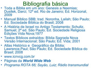 Bibliografia básica
• Toda a Bíblia em um ano: Genesis a Neemias;
Dusilek, Darci; 12ª ed. Rio de Janeiro; Ed. Horizonal,
2...