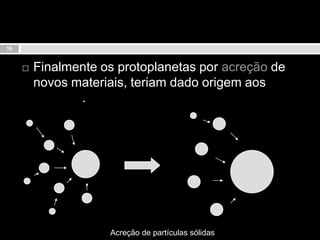 Finalmente os protoplanetas por acreção de novos materiais, teriam dado origem aos planetas.Acreção de partículas sólidas16