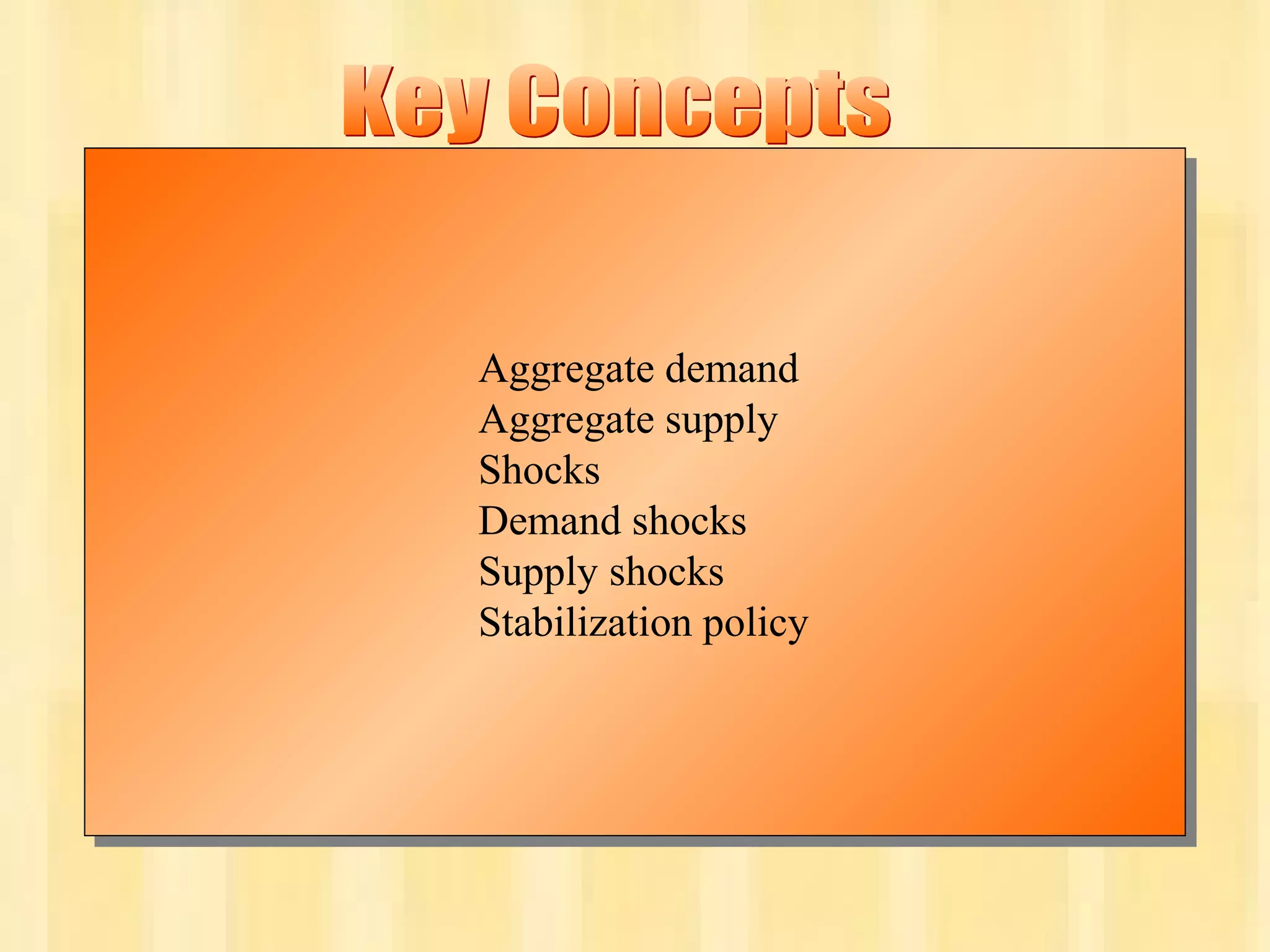 Chapter Nine 23
Aggregate demand
Aggregate supply
Shocks
Demand shocks
Supply shocks
Stabilization policy
Aggregate demand
Aggregate supply
Shocks
Demand shocks
Supply shocks
Stabilization policy
 