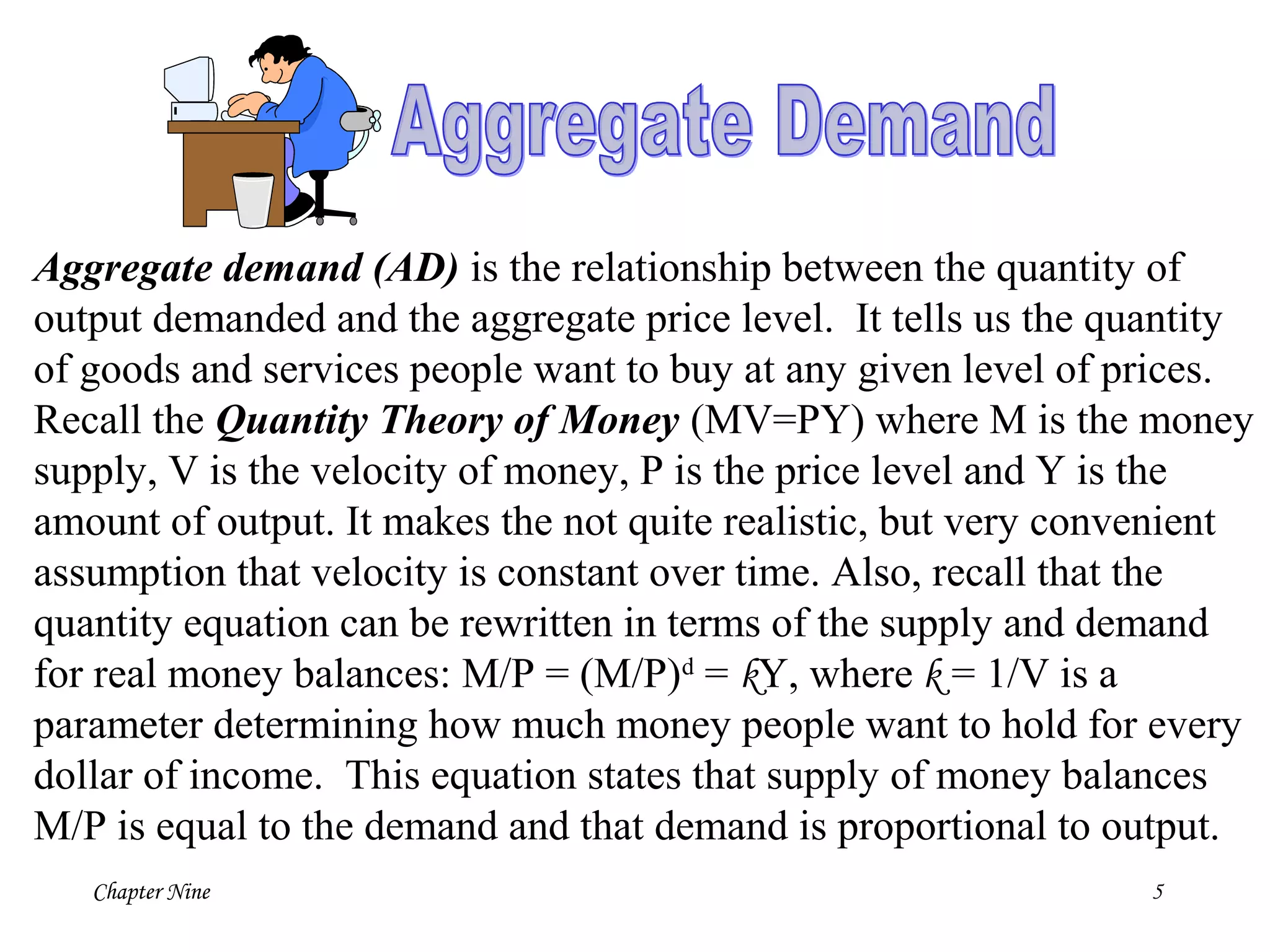 Chapter Nine 5
Aggregate demand (AD) is the relationship between the quantity of
output demanded and the aggregate price level. It tells us the quantity
of goods and services people want to buy at any given level of prices.
Recall the Quantity Theory of Money (MV=PY) where M is the money
supply, V is the velocity of money, P is the price level and Y is the
amount of output. It makes the not quite realistic, but very convenient
assumption that velocity is constant over time. Also, recall that the
quantity equation can be rewritten in terms of the supply and demand
for real money balances: M/P = (M/P)d
= kY, where k = 1/V is a
parameter determining how much money people want to hold for every
dollar of income. This equation states that supply of money balances
M/P is equal to the demand and that demand is proportional to output.
 