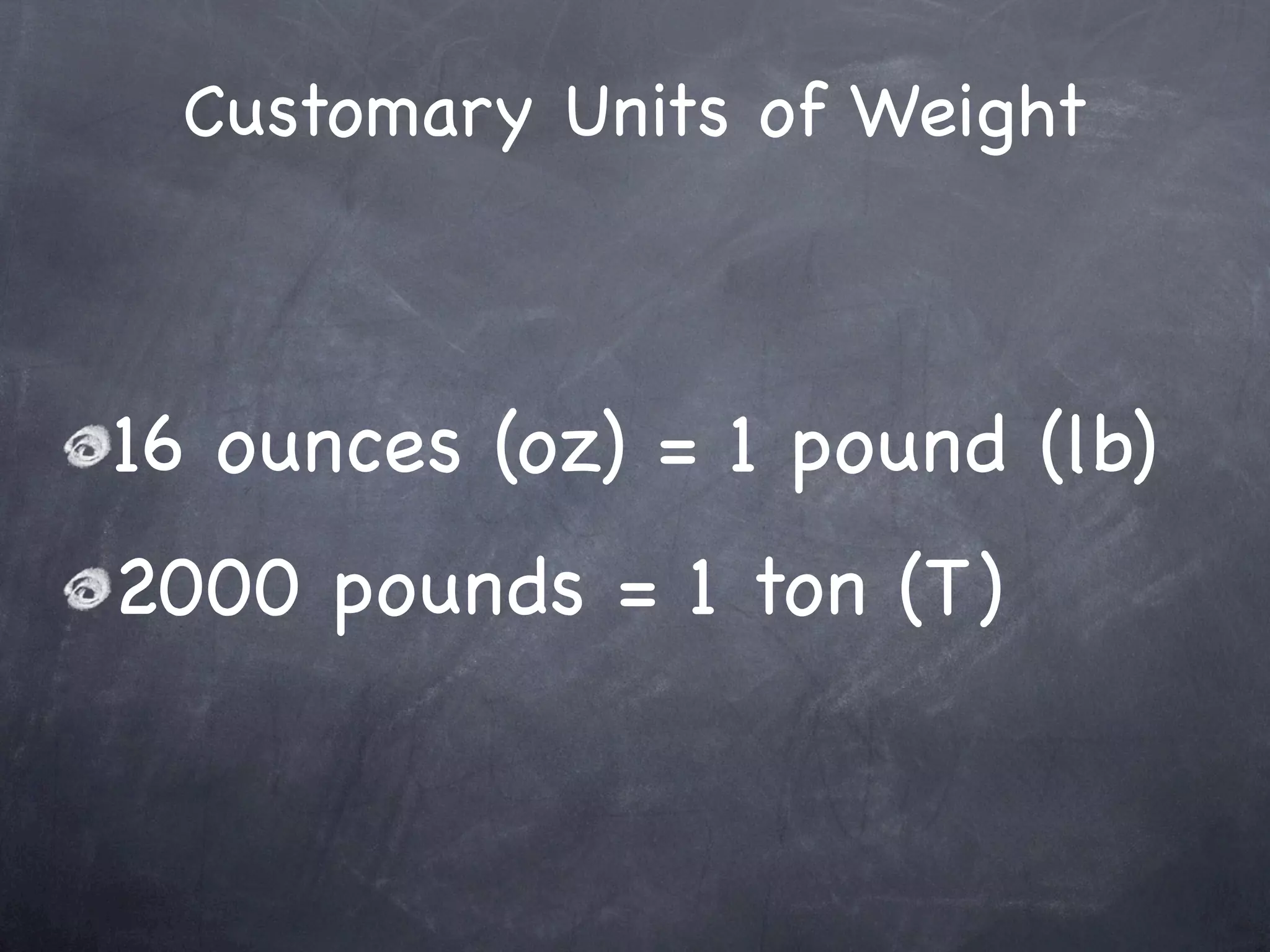 Customary Units of Weight



16 ounces (oz) = 1 pound (lb)
2000 pounds = 1 ton (T)
 