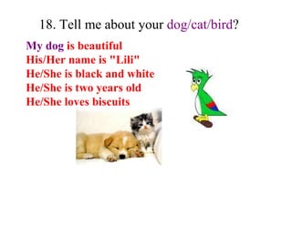 18. Tell me about your  dog/cat/bird ? My dog  is beautiful His/Her name is "Lili" He/She is black and white He/She is two years old He/She loves biscuits 