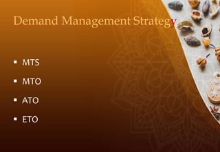 Demand Management Strategy
 MTS
 MTO
 ATO
 ETO
 