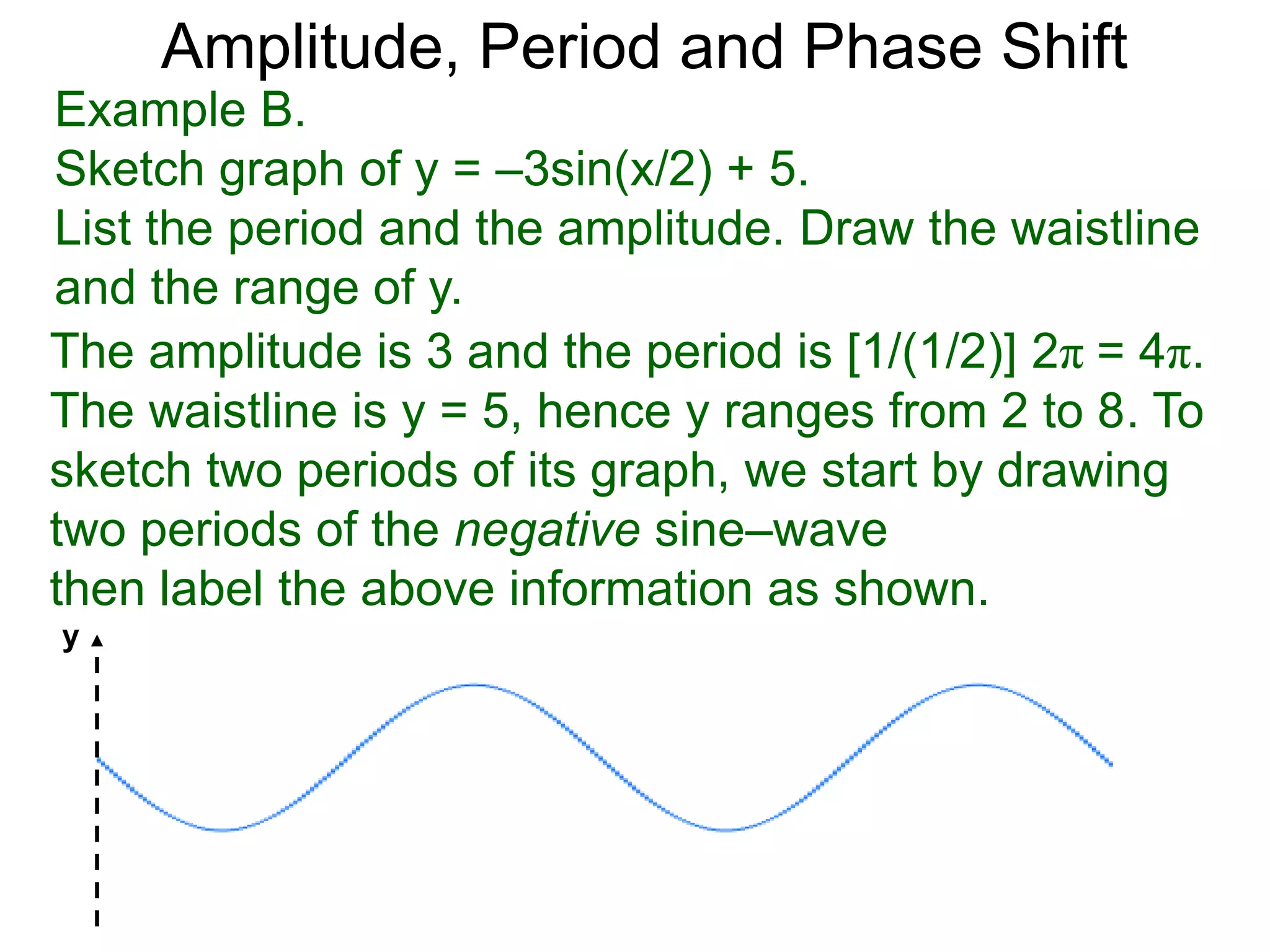 The amplitude is 3 and the period is [1/(1/2)] 2π = 4π.
The waistline is y = 5, hence y ranges from 2 to 8. To
sketch two periods of its graph, we start by drawing
two periods of the negative sine–wave
then label the above information as shown.
y
Amplitude, Period and Phase Shift
Example B.
Sketch graph of y = –3sin(x/2) + 5.
List the period and the amplitude. Draw the waistline
and the range of y.
 