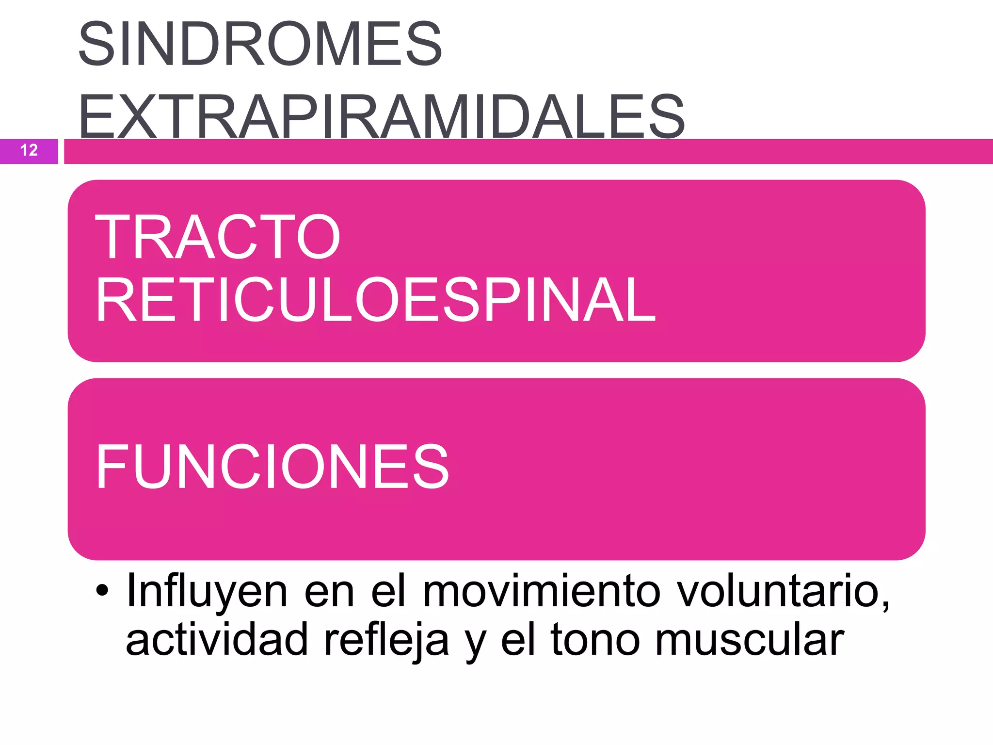 TRACTO
RETICULOESPINAL
FUNCIONES
• Influyen en el movimiento voluntario,
actividad refleja y el tono muscular
SINDROMES
EXTRAPIRAMIDALES12
 