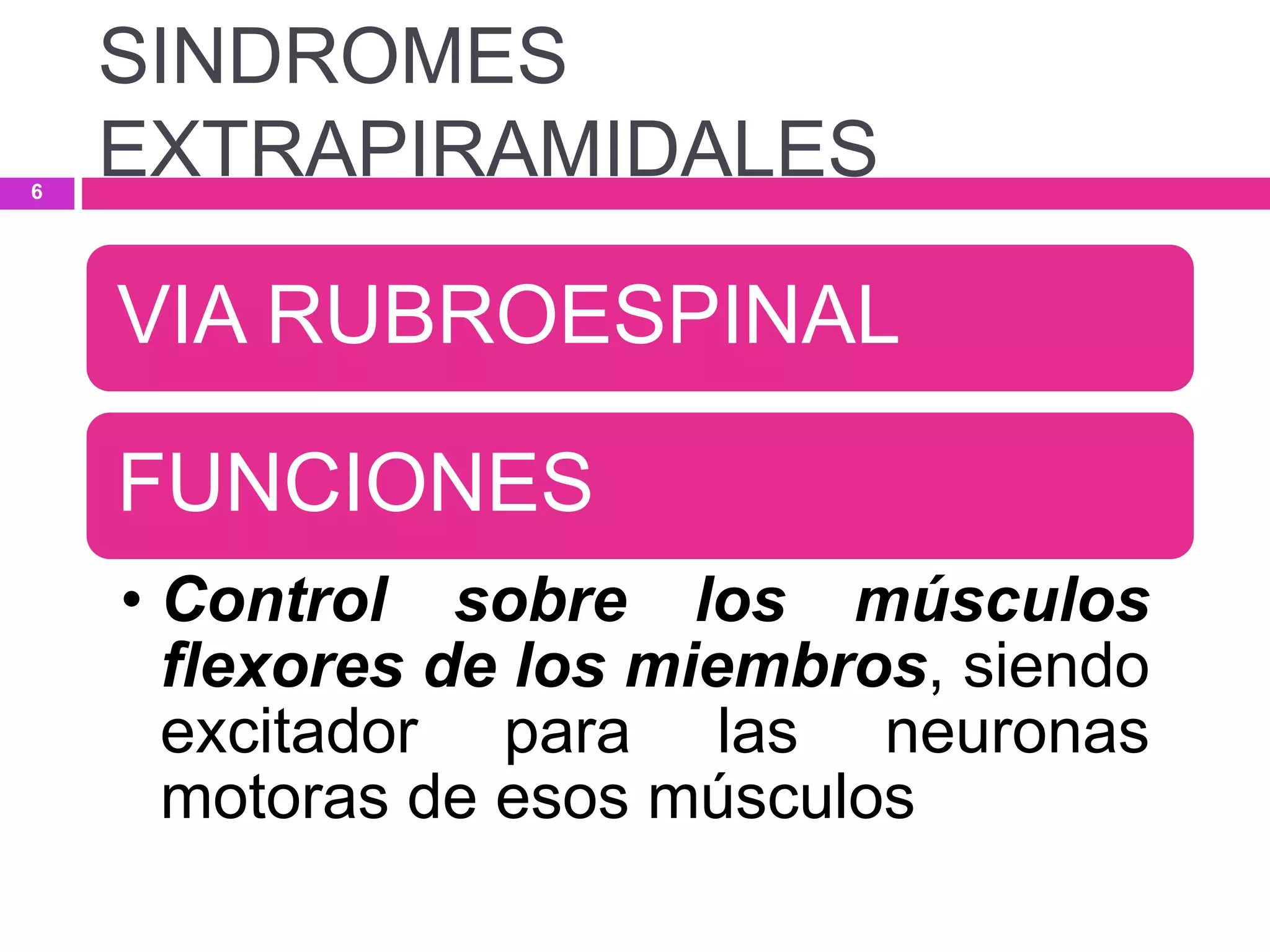 VIA RUBROESPINAL
FUNCIONES
• Control sobre los músculos
flexores de los miembros, siendo
excitador para las neuronas
motoras de esos músculos
SINDROMES
EXTRAPIRAMIDALES6
 