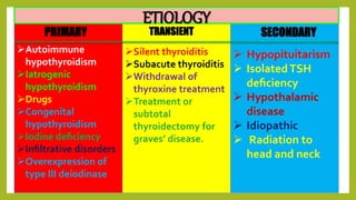 PRIMARY
Autoimmune
hypothyroidism
Iatrogenic
hypothyroidism
Drugs
Congenital
hypothyroidism
Iodine deﬁciency
Inﬁltrative disorders
Overexpression of
type III deiodinase
TRANSIENT
Silent thyroiditis
Subacute thyroiditis
Withdrawal of
thyroxine treatment
Treatment or
subtotal
thyroidectomy for
graves’ disease.
SECONDARY
 Hypopituitarism
 IsolatedTSH
deﬁciency
 Hypothalamic
disease
 Idiopathic
 Radiation to
head and neck
ETIOLOGY
 