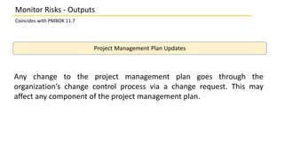 Monitor Risks - Outputs
Coincides with PMBOK 11.7
Project Management Plan Updates
Any change to the project management pla...