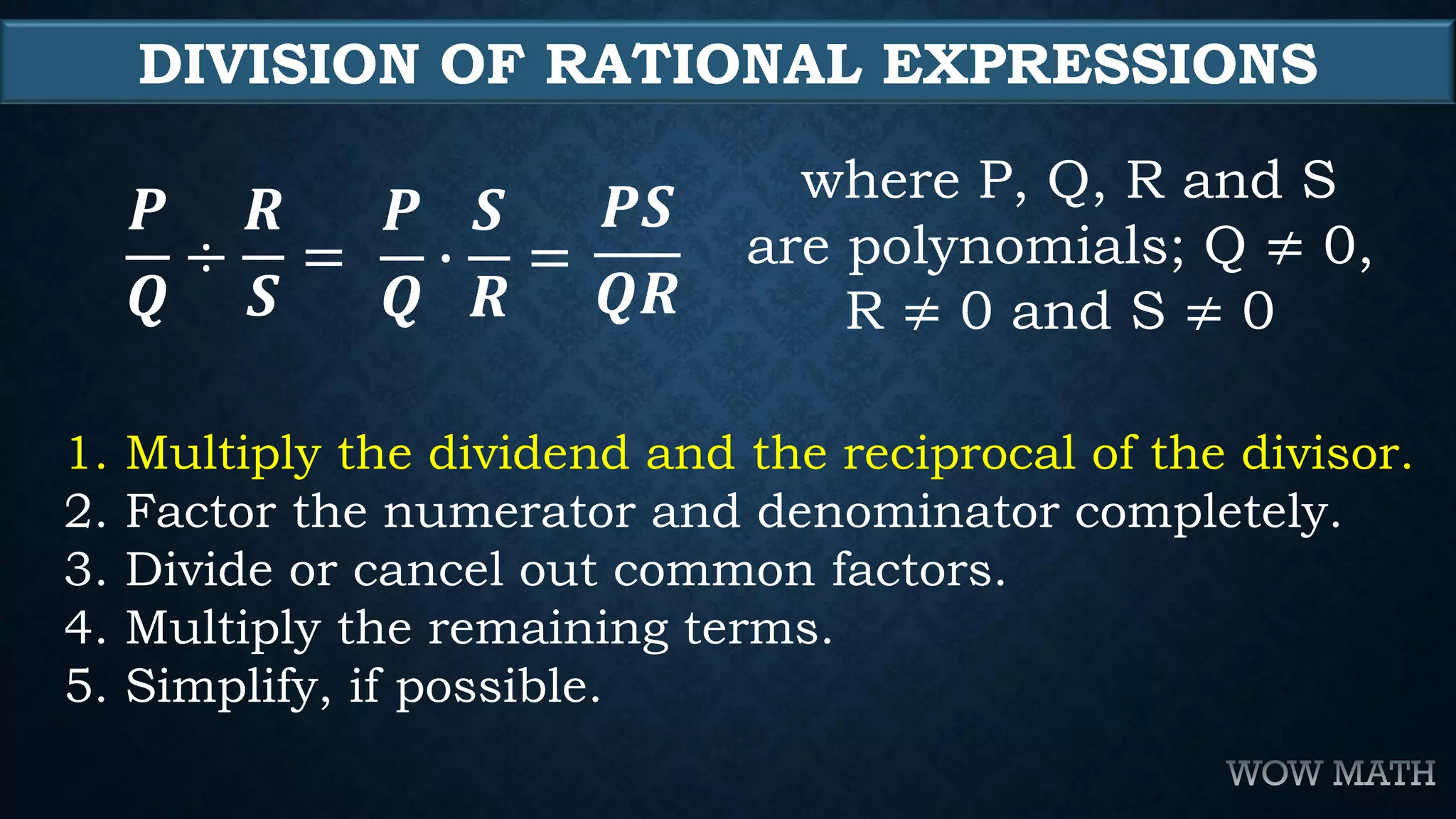 Multiplication and Division of Rational Algebraic Expressions | PDF