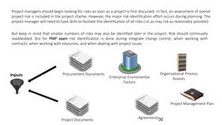 Project managers should begin looking for risks as soon as a project is first discussed. In fact, an assessment of overall
project risk is included in the project charter. However, the major risk identification effort occurs during planning. The
project manager will need to have skills to faciliate the identification of all risks ( or as may risk as reasonably possible)
But keep in mind that smaller numbers of risks may also be identified later in the project. Risk should continually
readdedded. But for PMP exam risk identification is done during integrate changr control, when working with
contracts, when working with resources, and when dealing with project issues
Inputs
Enterprise Enviromental
Factors
Project Management Plan
Organizational Process
Assests
Project Documents
Procurement Documents
Agreements30
 