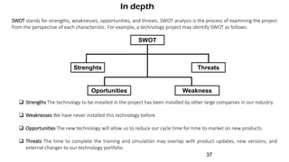 SWOT stands for strengths, weaknesses, opportunities, and threats. SWOT analysis is the process of examining the project
from the perspective of each characteristic. For example, a technology project may identify SWOT as follows:
In depth:
SWOT
Strenghts Threats
Oportunities Weakness
 Strengths The technology to be installed in the project has been installed by other large companies in our industry.
 Weaknesses We have never installed this technology before.
 Opportunities The new technology will allow us to reduce our cycle time for time to-market on new products.
 Threats The time to complete the training and simulation may overlap with product updates, new versions, and
external changes to our technology portfolio.
37
 