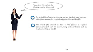 To perform this analysis, the
following must be determined
The probability of each risk occuring, using a standard scale (common
subjective analysis scales include low,Medium,High and 1 to 10)
The impact (the amount at stake or the positive or negative
consequences) of each risk occurin, using a standard scale, such as
low,Medium,High or 1 to 10
48
 