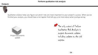 Qualitative analysis helps you figure out which risks are most important to your project’s success. When you’ve
finished your analysis, you should have a risk register that tells you a lot more about what could go wrong
Outputs
Perform qualitative risk analysis
Project Documents
update
The only output of Perform
Qualitative Risk Analysis is
project documents updates
including updates to the risk
register
54
 