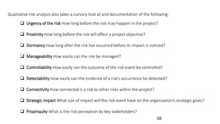  Urgency of the risk How long before the risk may happen in the project?
 Proximity How long before the risk will affect a project objective?
 Dormancy How long after the risk has occurred before its impact is noticed?
 Manageability How easily can the risk be managed?
 Controllability How easily can the outcome of the risk event be controlled?
 Detectability How easily can the evidence of a risk’s occurrence be detected?
 Connectivity How connected is a risk to other risks within the project?
 Strategic impact What size of impact will the risk event have on the organization’s strategic goals?
 Propinquity What is the risk perception by key stakeholders?
Qualitative risk analysis also takes a cursory look at and documentation of the following:
55
 