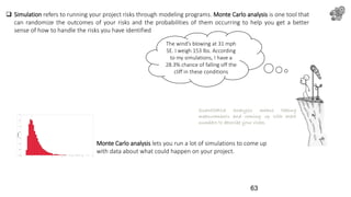 The wind’s blowing at 31 mph
SE. I weigh 153 lbs. According
to my simulations, I have a
28.3% chance of falling off the
cliff in these conditions
Quantitative analysis means taking
measurements and coming up with exact
numbers to describe your risks.
 Simulation refers to running your project risks through modeling programs. Monte Carlo analysis is one tool that
can randomize the outcomes of your risks and the probabilities of them occurring to help you get a better
sense of how to handle the risks you have identified
Monte Carlo analysis lets you run a lot of simulations to come up
with data about what could happen on your project.
63
 