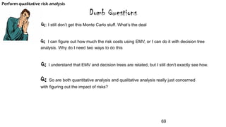 Dumb Questions
Q:: I still don’t get this Monte Carlo stuff. What’s the deal
Q: I can figure out how much the risk costs using EMV, or I can do it with decision tree
analysis. Why do I need two ways to do this
Q: I understand that EMV and decision trees are related, but I still don’t exactly see how.
Q: So are both quantitative analysis and qualitative analysis really just concerned
with figuring out the impact of risks?
Perform qualitative risk analysis
69
 