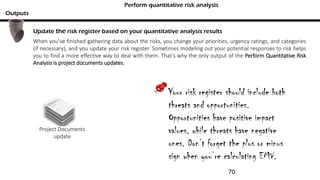 Outputs
Perform quantitative risk analysis
Project Documents
update
Your risk register should include both
threats and opportunities.
Opportunities have positive impact
values, while threats have negative
ones. Don’t forget the plus or minus
sign when you’re calculating EMV.
Update the risk register based on your quantitative analysis results
When you’ve finished gathering data about the risks, you change your priorities, urgency ratings, and categories
(if necessary), and you update your risk register. Sometimes modeling out your potential responses to risk helps
you to find a more effective way to deal with them. That’s why the only output of the Perform Quantitative Risk
Analysis is project documents updates.
70
 