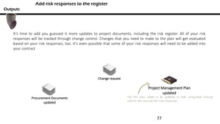 Add risk responses to the register
Outputs
It’s time to add you guessed it more updates to project documents, including the risk register. All of your risk
responses will be tracked through change control. Changes that you need to make to the plan will get evaluated
based on your risk responses, too. It’s even possible that some of your risk responses will need to be added into
your contract
Project Management Plan
updated
Procurement Documents
updated
Change request
The PM plan needs to be updated so that integrated change
control can include the risk responses.
77
 