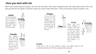 How you deal with risk
When you’re planning your project, risks are still uncertain: they haven’t happened yet. But eventually, some of the risks
that you plan for do happen. And that’s when you have to deal with them. There are five basic ways to handle a risk:
Avoid
The best thing that
you can do with a
risk is avoid it if
you can prevent it
from happening, it
definitely won’t
hurt your project
Mitigate
If you can’t avoid
the risk, you can
mitigate it. This
means taking some
sort of action that
will cause it to do
as little damage to
your project as
possible
Transfer
One effective
way to deal with
a risk is to pay
someone else to
accept it for
you. The most
common way to
do this is to buy
insurance
Accept
When you can’t
avoid, mitigate, or
transfer a risk, then
you have to accept
it. But even when
you accept a risk, at
least you’ve looked
at the alternatives
and you know what
will happen if it
occurs
Escalate
If the risk is not in your project’s scope, you might need to tell
somebody else about it to find an appropriate response.
8
 