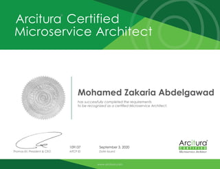 Thomas Erl, President & CEO
September 3, 2020
Date IssuedAITCP ID
Certified
Microservice Architect
Microservice Architect
www.arcitura.com
Mohamed Zakaria Abdelgawad
has successfully completed the requirements
to be recognized as a certified Microservice Architect.
109137
 