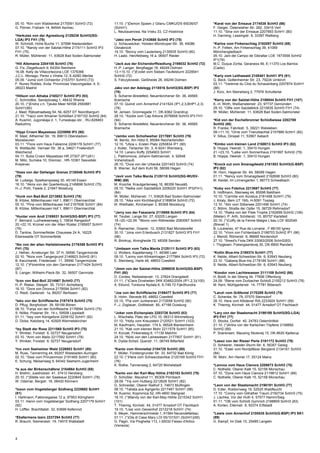 05.10. *Kim vom Waldwinkel 2175591 SchH3 (72)             11.10. (*)Demon Spawn z Gilanu CMKU/DS 65036/07           *Karat von der Emsaue 2174538 SchH3 (86)
G. Pörner, Fraham 14, 84544 Aschau                        (SchH1)                                                   F. Geiger, Österwieher Str. 262, 33415 Verl
                                                          L. Neubauerowa, Na Vrsku 33, CZ-Hostinice                 11.10. *Sina von der Emsaue 2207693 SchH1 (80)
*Herkules von der Agnesburg 2129236 SchH3(SG-                                                                       H. Darming, Lessingstr. 9, 33397 Rietberg
LGA) IP3 FH1 (79)                                         *Jabo von Peroh 2143688 SchH3 IP3 (78)
W. Schmidt, Hohe Buche 11, 97996 Niederstetten            U. Schauwecker, Holsten-Mündruper-Str. 39, 49086          *Karlos vom Finkenschlag 2182097 SchH3 (88)
07.10. *Nandy von der Salztal-Höhe 2174111 SchH3 IP3      Osnabrück                                                 H.-P. Fetten, Am Finkenschlag 39, 41069
FH1 (75)                                                  19.10. *Bonny vom Lauterberg 2135935 SchH3 (80)           Mönchengladbach
R. Müller, Mühlenstr. 11, 63628 Bad Soden-Salmünster      H. Laatz, Herzfeldweg 16 a, 06507 Rieder                  05.10. Jani del Campo de Gibraltar LOE 1673558 SchH2
                                                                                                                    IP1(79)
*Hill Allemania 2204105 SchH3 (76)                        *Jack aus der Eichendorffsiedlung 2198032 SchH2 (72)      M.C. Duque Zorita, Geraneos 49, E-11370 Los Barrios
G. Fix, Ziegelbusch 9, 64354 Reinheim                     H.-P. Langer, Bergflagge 18, 48249 Dülmen                 (Cadiz)
16.08. Kelly de Villacortezona LOE 1376366                13.+15.10. (*)Evolet vom Sieben-Teufelsturm 2228541
J.C.L. Monago, Perez x Vineta 12, E-429D Merida           SchH2 (72)                                                *Karly vom Leithawald 2108481 SchH1 IP3 (91)
05.09. *Juma vom Ochsentor 2153751 SchH3 (73)             S. Felczykowski, Geißheide 26, 48249 Dülmen               G. Beck, Gottenheimer Str. 23, 79224 Umkirch
F. Nunez Robles, Avda. Provincias Vascongadas, 4, E-                                                                03.11. *Varenne du Clos du Schauenberg 2207874 SchH1
28023 Madrid                                              Jako von der Adelegg 2118516 SchH3(SG-BSP) IP3            (86)
                                                          (78)                                                      J. Kürz, Am Steineberg 2, 77978 Schuttertal
*Hillson von Athaba 2165217 SchH3 IP3 (93)                S. Scharrer-Bredefeld, Neuenkirchener Str. 38, 49565
C. Schmidtke, Sandpilzweg 1, 48432 Rheine                 Bramsche                                                  *Kerry von der Salztal-Höhe 2186044 SchH3 FH1 (107)
20.10. (*)Endra v.h. Tjeuke Meer NHSB 2550881             07.10. Quindi vom Annenhof 2141524 (IP1,2,3,BHP1,2,3)     K.-H. Wirth, Weißensteinstr. 23, 97737 Gemünden
SchH1(80)                                                 (78)                                                      29.10. *Olfie vom Salztalblick 2210835 SchH3 FH1 (74)
J. Mast, Rijksstraatweg 54, NL-9257 DT Noordbergum        M. Jensen, Gronnegade 11, DK-9362 Grandrup                W. Müller, Mühlenstr. 11, 63628 Bad Soden-Salmünster
21.10. *Yacci vom Ahrainer Schlößerl 2167102 SchH2 (84)   28.10. *Xocke vom Cap Arkona 2076858 SchH3 IP3 FH1
A. Kusmin, Jugorskaja d. 1, Tumeskaja obl. , RU-628463    (94)                                                      *Kid von der Eschelbronner Schloßwiese 2202788
Raduzhny                                                  S. Scharrer-Bredefeld, Neuenkirchener Str. 38, 49565      SchH2 (80)
                                                          Bramsche                                                  R. Franke, Fabrikstr. 5, 39221 Welsleben
*Hippi Crveni Mayestoso 2225998 IP3 (80)                                                                            09.+11.10. *Orne vom Trienzbachtal 2157889 SchH1 (82)
R. Mast, Altheimer Str. 19, 89613 Oberstadion-            *Jambo vom Schollweiher 2217691 SchH3 (79)                V. Sillus, Dinspel 11, 53567 Asbach
Moosbeuren                                                W. Benitz, Am Hölzl 6, 85084 Reichertshofen
03.11. *Flora vom Haus Fabienne 2206178 SchH1 (77)        12.10. *Utica v. Ersten Platz 2250834 IP1 (90)            *Kimbo vom kleinen Land 2160013 SchH3 IP3 (82)
N. Wettlaufer, Vernaer Str. 36 a, 34621 Frielendorf-      J. Koller, Terlacher Str. 3, A-9241 Wernberg              B. Hoppe, Heerstr. 1, 35410 Hungen
Welcherod                                                 14.10. Laneru Koffy 2254903 SchH1                         21.+23.10. *Laika vom Sonnenhaus 2191997 SchH2 (79)
04.11. Buba Crveni Mayestoso HR 27307 (IP1)(81)           L. Pakhomova, Johann-Seltmannstr. 4, 92648                B. Hoppe, Heerstr. 1, 35410 Hungen
M. Milic, Sumska 10, Drencec , HR-10361 Sesvetski         Vohenstrauß
Krayevac                                                  26.10. *Dura von der Urbecke 2201403 SchH3 (74)           *Knock out vom Smaragdwald 2161553 SchH3(G-BSP)
                                                          B. Werner, Auf dem Kuhl 56, 58099 Hagen                   IP3 (82)
*Hoss von der Dellwiger Grenze 2138546 SchH3 IP3                                                                    W. Horn, Hagener Str. 64, 58099 Hagen
(79)                                                      *Javir vom Talka Marda 2125110 SchH3(SG-WUSV-             01.11. *Nancy vom Smaragdwald 2192698 SchH3 (80)
M. Ludwigs, Spielkampsweg 30, 45149 Essen                 WM) (69)                                                  M. Keidel, Im Linnengarten 1, 66773 Schwalbach
16.10. *Akira von der Querlenburg 2149898 SchH2 (75)      M. Knoche, Krautgartenweg 16, 86356 Neusäß
H.-J. Pohl, Twiete 2, 21647 Moisburg                      05.10. *Nelka vom Salztalblick 2206220 SchH1 IP3(FH1)     *Koby von Fidelius 2213697 SchH3 (77)
                                                          (84)                                                      S. Hoffmann, Steinweg 44, 85598 Baldham
*Hunk von Bad-Boll 2213882 SchH3 (78)                     W. Müller, Mühlenstr. 11, 63628 Bad Soden-Salmünster      10.10. *Carmita von Aurelius 2181498 SchH1 (79)
B. Kitzke, Mittenhausen Hof 1, 89611 Obermarchtal         28.10. *Aika vom Kirchberghof 2189834 SchH3 (72)          J. Kiraly, Bem UT 19/b, H-5091 Toszeg
05.10. *Pina vom Mittenhauser Hof 2167606 SchH1 (84)      M. Wiethaler, Kirchamper 3, 85368 Moosburg                13.10. *Alin vom Silbersee 2201496 SchH1 (74)
B. Kitzke, Mittenhausen Hof 1, 89611 Obermarchtal                                                                   C. Böhm, Straße der Opfer 15, 06729 Rehmsdorf
                                                          *Jerry von der Fasanerie 2118888 SchH3 IP3 (84)           14.10. *Raika von der Piste Trophe 2162699 SchH2 (106)
*Hunter vom Andi 2189531 SchH3(SG-BSP) IP3 (77)           M. Teuber, Lange Str. 27, 63225 Langen                    (Mieter): P. Arth, Schillerstr. 10, 85757 Karlsfeld
F. Bernard, Luchwiesenweg 3, 15834 Rangsdorf              18.+20.+22.09. *Momo vom Rittmeister 2083067 SchH3        20.10. (*)Coffy de la Ferme Malgre L'eau LOF 602049
20.+22.10. Krümel von der Alten Rüster 2195657 SchH1      (74)                                                      (Brevet 1)
(76)                                                      S. Ramacher, Goarstr. 12, 53902 Bad Münstereifel          B. Loubieres, 47 Rue de Lorraine , F-88150 Igney
D. Tantow, Sommerfelder Chaussee 24 A, 16225              30.10. *Jona vom Erlenbusch 2131827 SchH3 IP3 FH1         22.10. *Vroni von Fichtenbach 2198703 SchH2 IP1 (96)
Eberswalde OT Sommerfelde                                 (96)                                                      J. Meindl, Römerstr. 6, 86695 Nordendorf
                                                          R. Brintrup, Alvingheide 72, 48308 Senden                 27.10. *Smed's Fiola DKK 03063/2008 SchH2(83)
*Ibo von der alten Hartsteinwerke 2176359 SchH3 IP3                                                                 I. Thygesen, Fiskergaardsvej 30, DK-8900 Randers
FH1 (70)                                                  *Jimbeam vom Talka Marda 2125111 SchH3 IP3 (63)
J. Hefner, Arneburger Str. 37 H, 39590 Tangermünde        U. Wolters, Kapellenweg 11, 48366 Laer                    *Kollin Blue-Iris 2199374 SchH1 (77)
02.10. *Nora vom Tangergrund 2146823 SchH2 (81)           09.10. *Lenny vom Klinkenhagen 2177964 SchH3 IP3 (72)     K. Nelde, Albert-Schweitzer-Str. 6, 63543 Neuberg
B. Kaczmarek, Friedensstr. 11, 39590 Tangermünde          E. Steinberg, Harle 46, 48653 Coesfeld                    23.10. *Gabana Blue-Iris 2178189 SchH1 (88)
12.10. (*)Florentine von den Germanen 2171424 SchH3                                                                 S. Nelde, Albert-Schweitzer-Str. 6, 63543 Neuberg
(87)                                                      *Jimm von der Salztal-Höhe 2096935 SchH3(SG-BSP)
S. Langer, Wilhelm-Pieck-Str. 32, 06507 Gernrode          FH1 (80)                                                  *Kondor vom Lachtewasser 2111109 SchH2 (86)
                                                          D. Cordes, Reitwiesenstr. 13, 27624 Drangstedt            H. Boldt, In der Streng 34, 77656 Offenburg
*Icon von Bad-Boll 2214967 SchH3 (77)                     01.11. (*)Clara Divaheden SKK 63482/2004 (IP1,2,3)(100)   24.09. *Biene vom Durbacher Schloß 2155212 SchH3 (78)
H.-P. Rieker, Steigstr. 35, 73101 Aichelberg              A. Eklund, Torstuna Nydala 6, S-749 72 Fjärdhundra        M. Kern, Mühlgartenstr. 14, 77781 Biberach
16.10. *Dora von Dironca 2178594 SchH1 (82)
O. Riedl, Gartenstr. 1a, 89257 Illertissen                *Joe von der Schiffslache 2189477 SchH3 IP3 (77)          *Laruh vom Gräfental 2170289 SchH3 (75)
                                                          S. Hohn, Stevede 65, 48652 Coesfeld                       C. Schenke, Nr. 79, 07570 Steinsdorf
*Isko von der Schiffslache 2187474 SchH3 (75)             03.10. *Pia vom Junkersrain 2172658 SchH2 (90)            26.10. Hera vom Klödener Riß 2233924 SchH1 (69)
D. Pflug, Borgholzstr. 39, 59199 Bönen                    F.-J. Zoglauer, Gottliebstr. 85, 47166 Duisburg           K. Thiemig, Kirchstr. 44, 01477 Arnsdorf OT Fischbach
08.10. *Fanja von der Schiffslache 2176694 SchH3 (75)
S. Nölke, Posener Str. 14 c, 59558 Lippstadt              *Joker vom Eichenplatz 2203726 SchH3 (83)                 *Lary von der Staatsmacht 2198188 SchH3(SG-LGA)
01.11. *Issy vom Königsforst 2209152 SchH1 (92)           L. Wischalla, Platz der LPG 10, 06313 Wimmelburg          IP3 FH1 (77)
D. Dicke, Ketzberg 14, 42929 Wermelskirchen               01.10. *Holly vom Kreuzstein 2120521 SchH1 (103)          D. Stocks, Dorfstr. 40, 24783 Osterrönfeld
                                                          M. Kaufmann, Hauptstr. 174 b, 06528 Blankenheim           21.10. (*)Antra von der Karlschen Töpferei 2158892
*Isy Stadt der Rose 2211560 SchH3 IP3 (75)                21.10. *Kati vom kleinen Mohr 2211578 SchH1 (85)          SchH2 (89)
Y. Winkler, Forststr. 6, 02727 Neugersdorf                H. Korzak, Finkensteig 6, 17139 Malchin                   P. Soerensen, Mausing Skolevej 15, DK-8620 Kjellerup
03.10. *Anni von Mailo 2217592 SchH1 (78)                 24.10. *Nicki von den Leinewiesen 2177907 SchH1 (81)
Y. Winkler, Forststr. 6, 02727 Neugersdorf                K. Dylda-Scheil, Querstr. 11, 06749 Bitterfeld            *Lasso von der Rieser Perle 2161172 SchH3 (79)
                                                                                                                    D. Scheerer, Heister-Sturm-Str. 6, 56357 Geisig
*Ivo vom Seeheimer Wald 2226953 SchH1 (80)                *Kanto vom Himmeltal 2194728 SchH3 (80)                   31.10. *Ester vom Nordpfälzer Bergland 2134161 SchH3
M. Russ, Tannenring 44, 65207 Wiesbaden-Auringen          F. Müller, Fürstengrunder Str. 33, 64732 Bad König        (84)
02.10. *Sissi vom Prinzenmoor 2191465 SchH1 (80)          22.10. (*)Hera vom Schwarzbachkai 2120169 SchH3 FH1       W. Mohr, Am Hemel 17, 55124 Mainz
E. Schurig, Meisenweg 9, 64342 Seeheim-Jugenheim          (76)
                                                          K. Rothe, Tannenweg 2, 64720 Michelstadt                  *Lennox vom Haus Clanora 2209873 SchH3 (75)
*Ix aus der Birkenschäferei 2184864 SchH3 (88)                                                                      C. Nothelle, Oberer Kalk 15, 52156 Monschau
H. Brehm, Juesholzstr. 41, 37412 Herzberg                 *Kanto von der Karl-May Höhle 2192183 SchH3 (79)          07.10. *Dyna vom Haus Clanora 2119812 SchH1 (89)
20.10. (*)Stella von der Saaleaue 2220845 SchH1 (78)      D. Schüßler, Maushof 11, 85309 Pörnbach                   C. Nothelle, Oberer Kalk 15, 52156 Monschau
W. Odemar, Bergstr. 16, 06420 Könnern                     28.09. *Yoj vom Hutberg 2212628 SchH1 (82)
                                                          G. Schneider, Oberer Railhof 3, 74673 Mulfingen           *Leon von der Staatsmacht 2198191 SchH3 (77)
*Ixson vom Vogelsberger Südhang 2225692 SchH1             08.10. *Tabata aus Agrigento 2217481 SchH1 (98)           D. Edler, Rotdornweg 19, 52525 Waldfeucht
(81)                                                      M. Kusmic, Koprivnica 52, HR-4800 Starigrad               17.10. *Conny vom Gillrather Traum 2192734 SchH3 (75)
I. Hartmann, Faktoreigasse 12 a, 97953 Königheim          18.10. (*)Mandy von der Karl-May Höhle 2215342 SchH1      J. Lischke, Vor der Huth 4, 57577 Hamm/Sieg
03.11. Hanni vom Vogelsberger Südhang 2207179 SchH1       (101)                                                     01.11. *Otti vom Schloß Gymnich 2188809 SchH3 (83)
(92)                                                      T. Thiemig, Kirchstr. 44, 01477 Arnsdorf OT Fischbach     A. Korten, Ellernstr. 9, 50374 Erftstadt
H. Löffler, Brachttalstr. 32, 63699 Kefenrod              19.10. *Lissi vom Geixenhof 2212218 SchH1 (74)
                                                          S. Meyer, Hammerschmiede 1, 91564 Neuendettelsau          *Lewis vom Annenhof 2100535 SchH3(G-BSP) IP3 SK1
*Ebafarmens Izaro 2237294 SchH3 (77)                      01.11. (*)Ola di Casa Mary LOI 05/101531 (SchH1)(95)      (89)
R. Brauch, Siemensstr. 19, 74915 Waibstadt                G. Pagin, Via Pioghella 113, I-30032 Fiesso d'Artico      G. Kampf, Im Diek 10, 25485 Langeln
                                                          (Venezia)


4
 