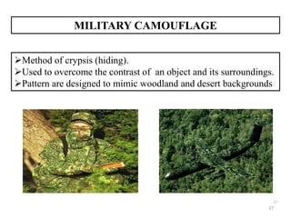 37
3737
Method of crypsis (hiding).
Used to overcome the contrast of an object and its surroundings.
Pattern are designed to mimic woodland and desert backgrounds
MILITARY CAMOUFLAGE
 