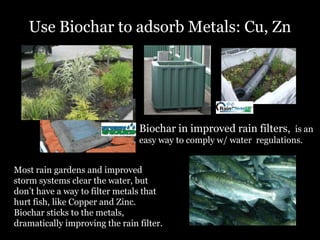 Use Biochar to adsorb Metals: Cu, Zn

Biochar in improved rain filters, is an
easy way to comply w/ water regulations.

Most rain gardens and improved
storm systems clear the water, but
don’t have a way to filter metals that
hurt fish, like Copper and Zinc.
Biochar sticks to the metals,
dramatically improving the rain filter.

 
