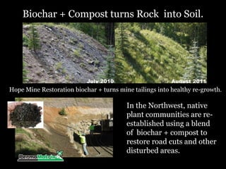 Biochar + Compost turns Rock into Soil.

Hope Mine Restoration biochar + turns mine tailings into healthy re-growth.

In the Northwest, native
plant communities are reestablished using a blend
of biochar + compost to
restore road cuts and other
disturbed areas.

 