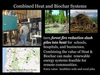 Combined Heat and Biochar Systems

turn forest fire reduction slash
piles into heat for schools,
hospitals, and businesses.
Combining the value of Heat &
Biochar can make renewable
energy systems feasible for
remote communities.
Existing & Planned Biomass Thermal
Source: Oregon Dept of Forestry

Extra value: healthier soils and rural jobs.

 