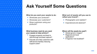 Ask Yourself Some Questions
What do you want your assets to do:
• Showcase your products?
• Showcase your customers?
• Show customers using your
products?
What sort of assets will you use to
reflect your brand? :
• Photographic and realistic?
• Inspirational and abstract?
What business need do you want
your assets to help achieve?:
• Engage prospects and lead to
click-through and lead capture?
• Educate and help customers with
self-service thereby reducing
support costs?
Where will the assets be used?:
• Global generic images?
• Regional and local
application?
• If regional, how localised?
 
