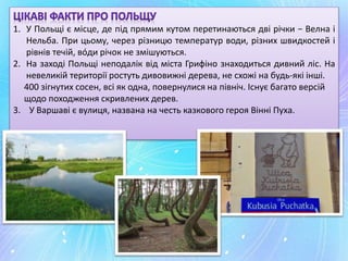 1. У Польщі є місце, де під прямим кутом перетинаються дві річки − Велна і
Нельба. При цьому, через різницю температур води, різних швидкостей і
рівнів течій, вóди річок не змішуються.
2. На заході Польщі неподалік від міста Грифіно знаходиться дивний ліс. На
невеликій території ростуть дивовижні дерева, не схожі на будь-які інші.
400 зігнутих сосен, всі як одна, повернулися на північ. Існує багато версій
щодо походження скривлених дерев.
3. У Варшаві є вулиця, названа на честь казкового героя Вінні Пуха.
 