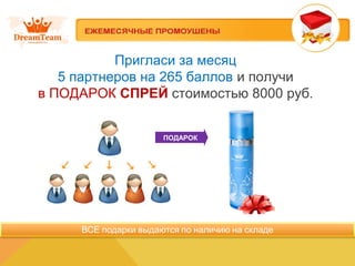 Пригласи за месяц 
5 партнеров на 265 баллов и получи 
в ПОДАРОК СПРЕЙ стоимостью 8000 руб. 
ПОДАРОК 
 