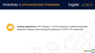 низкая видимость в ПС «Яндекс » по НЧ-запросам, соответствующим
моделям товаров (при хорошей видимости по ВЧ и СЧ-запросам)
ПРОБЛЕМЫ С ОРГАНИЧЕСКИМ ТРАФИКОМ
 