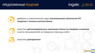 запустить детализированные кампании только по товарам в наличии
и вести пользователей на товарные страницы сайта
ПРЕДЛОЖЕННЫЕ РЕШЕНИЯ
добавить в семантическое ядро максимальное количество НЧ
запросов с точным соответствием
запустить ремаркетинг
 