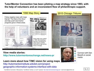 Tutor/Mentor Connection has been piloting a map strategy since 1993, with
the help of volunteers and an inconsistent flow of philanthropic support.
View media stories:
http://www.tutormentorexchange.net/news-pr
Learn more about how T/MC vision for using maps.
http://tutormentorinstitute.wikidot.com/project:
geographic-information-systems-interface-with-data
2015 Chicago Tribune
1996 Map Story
Pg. 16
Tutor/Mentor Connection (1993-present), Tutor/Mentor Institute, LLC (2011-present) http://www.tutormentorexchange.net tutormentor2@earthlink.net
Connect with Dan
Bassill on social
media
 