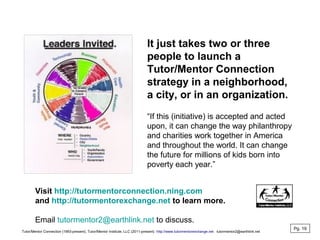 It just takes two or three
people to launch a
Tutor/Mentor Connection
strategy in a neighborhood,
a city, or in an organization.
“If this (initiative) is accepted and acted
upon, it can change the way philanthropy
and charities work together in America
and throughout the world. It can change
the future for millions of kids born into
poverty each year.”
Visit http://tutormentorconnection.ning.com
and http://tutormentorexchange.net to learn more.
Email tutormentor2@earthlink.net to discuss.
Pg. 19
Tutor/Mentor Connection (1993-present), Tutor/Mentor Institute, LLC (2011-present) http://www.tutormentorexchange.net tutormentor2@earthlink.net
 