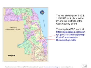 The two shootings of 11/2 &
11/3/2015 took place in the
2nd
and 3rd Districts of the
Cook Country Board.
This map is a PDF found at
https://datacatalog.cookcoun
tyil.gov/GIS-Maps/ccgismap-
Cook-Commissioner-
Districts/ehgp-m9tw
Pg. 8
Tutor/Mentor Connection (1993-present), Tutor/Mentor Institute, LLC (2011-present) http://www.tutormentorexchange.net tutormentor2@earthlink.net
 