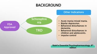 BACKGROUND
FDA
Approved
Schizophre
nia
TRD
Other Indications
• Acute mania/mixed mania.
• Bipolar depression.
• Behavioral disturbances in
dementia.
• Behavioral disturbances in
children and adolescents.
• impulse control
Stahl’s Essential Psychopharmacology, 6th
edition
 