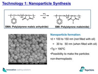 Technology 1: Nanoparticle Synthesis
                                                                              6




 SMA: Poly(styrene maleic anhydride)       SMI: Poly(styrene maleimide)


                                       Nanoparticle formation:
                                       •d = 100 to 150 nm (not filled with oil)
                                        = 30 to 50 nm (when filled with oil)
                                       •Tg > 1900C
                                       •Possibility to make the particles
                                       non-thermoplastic
 