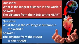 Question:
What is the longest distance in the world ?
Answer :
The distance from the HEAD to the HEART
Question:
What then is the 2nd longest distance in
the world ?
Answer :
The distance from the HEART
to the HANDS
 