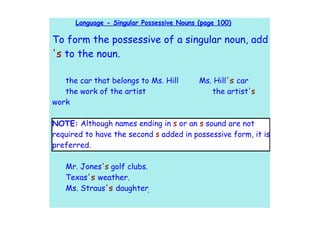 Language - Singular Possessive Nouns (page 100)

To form the possessive of a singular noun, add
's to the noun.

   the car that belongs to Ms. Hill        Ms. Hill's car
   the work of the artist                     the artist's
work

NOTE: Although names ending in s or an s sound are not
required to have the second s added in possessive form, it is
preferred.

   Mr. Jones's golf clubs.
   Texas's weather.
   Ms. Straus's daughter
 