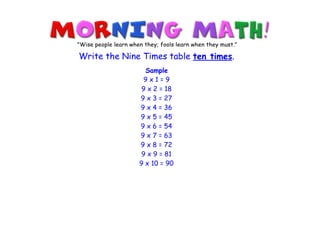 "Wise people learn when they; fools learn when they must."

Write the Nine Times table ten times.
                        Sample
                        9x1=9
                       9 x 2 = 18
                      9 x 3 = 27
                      9 x 4 = 36
                      9 x 5 = 45
                      9 x 6 = 54
                      9 x 7 = 63
                      9 x 8 = 72
                       9 x 9 = 81
                      9 x 10 = 90
 
