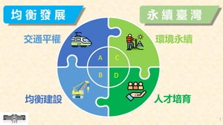 A
交通平權
均衡建設
B
環境永續
C
人才培育
D
均 衡 發 展 永 續 臺 灣
1
 