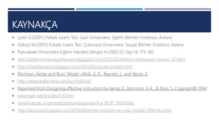 KAYNAKÇA
 Çetin Ü.(2007),Yüksek Lisans Tezi, Gazi Üniversitesi, Eğitim Bilimleri Enstitüsü, Ankara
 Gökçül M.(2007),Yüksek Lisans Tezi, Çukurova Üniversitesi, Sosyal Bilimler Enstitüsü, Adana
 Pamukkale Üniversitesi Eğitim Fakültesi Dergisi Yıl:2003 (2) Sayı:14, 173-182
 http://kellerinmotivasyonkurami.blogspot.com/2012/03/kellerin-motivasyon-kuram_07.html
 http://maddeyapisi.blogspot.com/2013/05/assure-modeli.html
 Morrison, Kemp and Ross’ Model –Akıllı, G. K., Bayram, L. and Yecan, E.
 http://www.walterweb.com/portfolio/id/
 Reprinted from Designing effective instruction by Kemp,J.E.,Morrison, G.R., & Ross, S. Copyright© 1994
 www.tojet.net/articles/436.htm
 www.firat.edu.tr/perweb/personel/yayinlar/fua_81/81_18339.doc
 http://burcinq.blogspot.com/2014/06/kemp-morrson-ve-ross-modeli-1994-bu.html
 