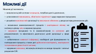 Можливі дії
Можливі дії охоплюють:
— визначення цілей системи та процесів, потрібних для їх досягнення;
— установлення повноважень, обов’язків і підзвітності щодо керування процесами;
— розуміння можливостей організації та визначання обмежень у ресурсах перед виконанням дій;
— визначення взаємозалежності процесів і аналізування впливу на
систему в цілому змін в окремих процесах;
— керування процесами та їх взаємозв’язками як системою для
результативного та ефективного досягнення цілей організації у сфері
якості;
— забезпечення наявності інформації, необхідної для функціювання та
поліпшування процесів, а також для здійснення моніторингу, аналізування
та оцінювання дієвості всієї системи;
— керування ризиками, які можуть вплинути на виходи процесів і загальні
результати СУЯ.
 